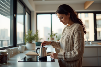 Femme préparant du cafe avec moka dans une cuisine lumineuse