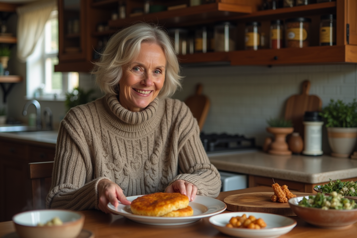 Femme canadienne souriante servant une tourtière dans une cuisine chaleureuse