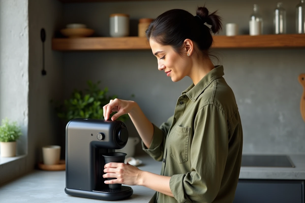 Femme utilisant une capsule de café bio compatible Nespresso dans une cuisine moderne et éco-responsable