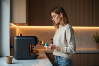 Femme examinant capsules de café dans une cuisine moderne