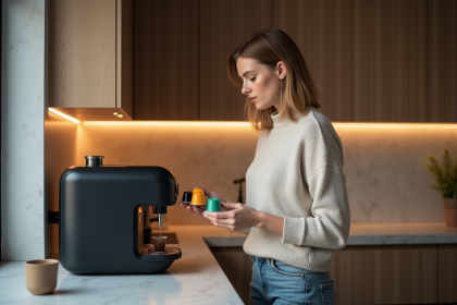 Femme examinant capsules de café dans une cuisine moderne