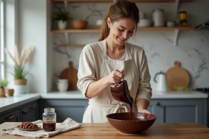 Jeune femme versant chocolat fondu dans un bol en cuisine