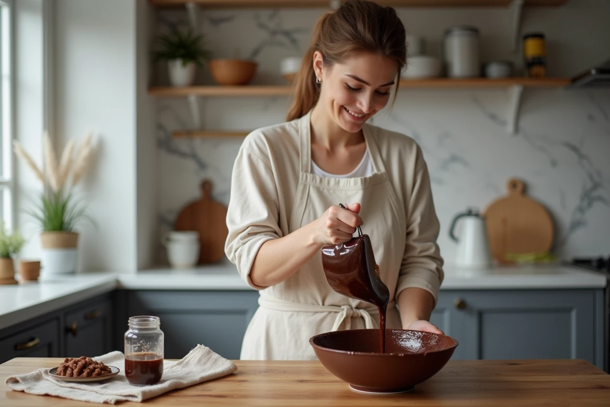 Jeune femme versant chocolat fondu dans un bol en cuisine