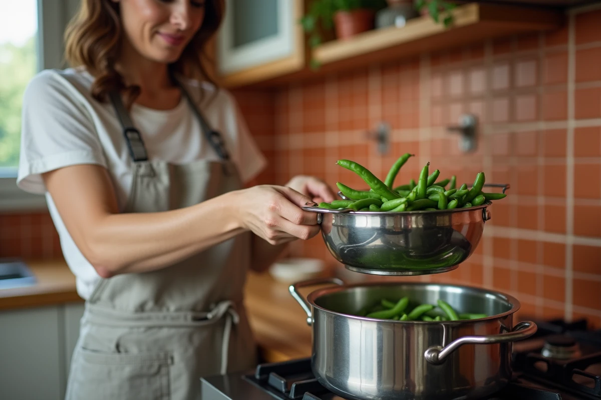 Femme versant des haricots verts dans une cocotte minute sur une cuisinière, cuisson vapeur express pour batch cooking
