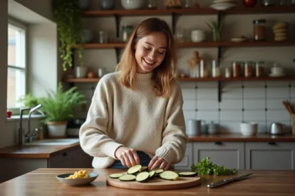 Jeune femme arrangeant des aubergines dans la cuisine