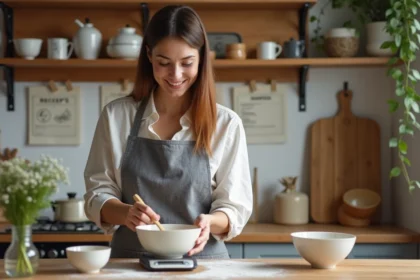 Femme en cuisine mesurant des ingrédients avec une balance digitale