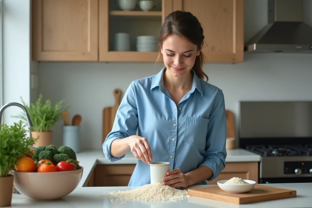 Femme en cuisine mesurant du riz avec un verre