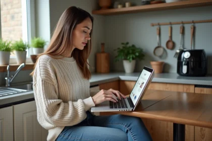Femme lisant une recette PDF sur son ordinateur en cuisine