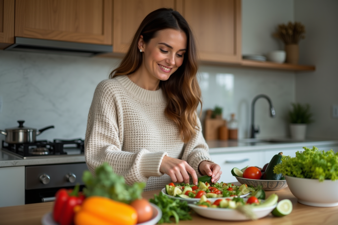 Femme souriante préparant une salade dans la cuisine