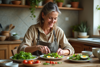 Femme préparant une salade saine dans une cuisine chaleureuse