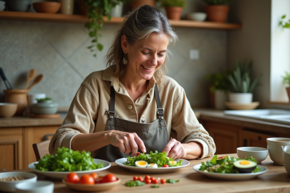 Femme préparant une salade saine dans une cuisine chaleureuse