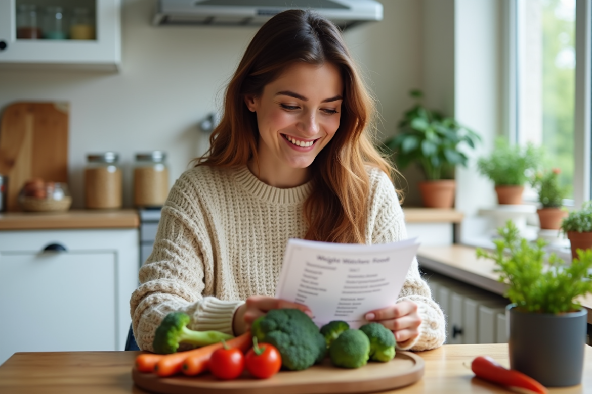 Femme souriante en cuisine avec légumes et liste zeropoint