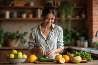 Jeune femme en cuisine préparant des zucchinis et zapote