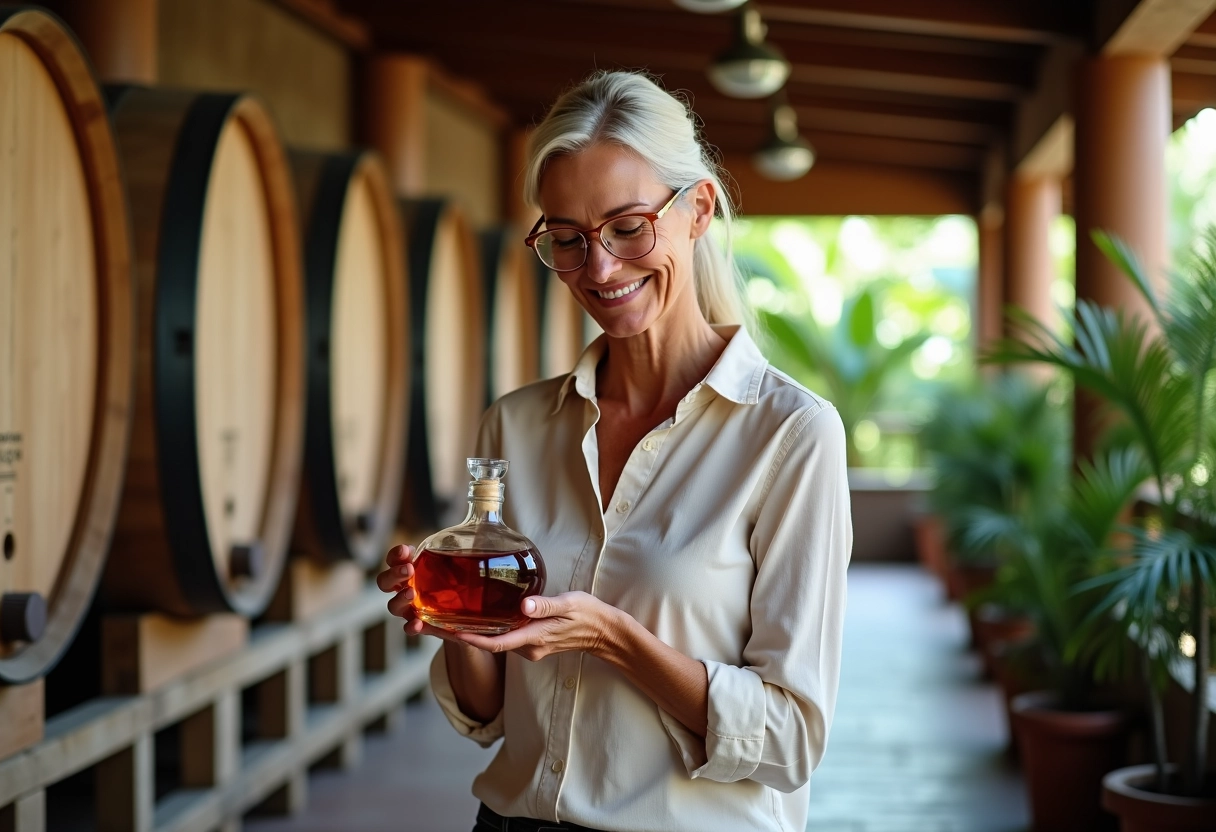 Femme examinant un decanteur de rhum dans une distillerie lumineuse