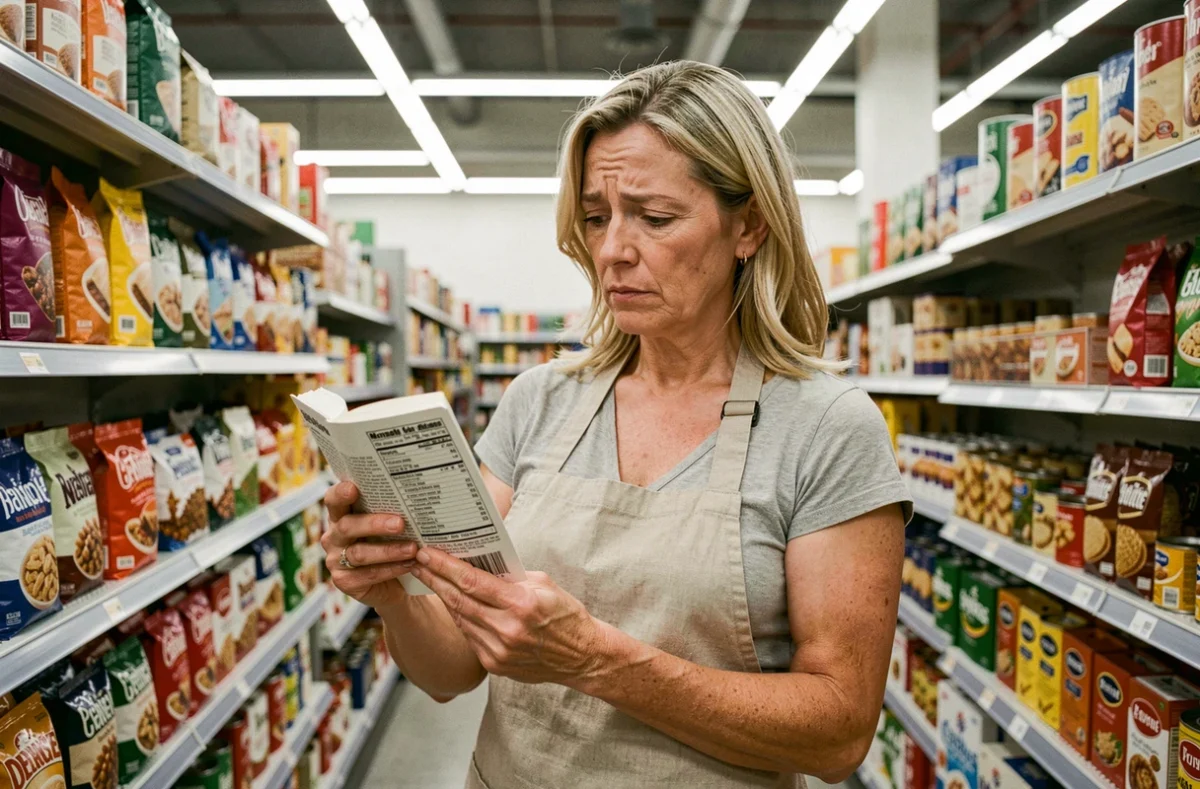Femme lisant l'étiquette d'un produit alimentaire en supermarché avec une expression interrogative