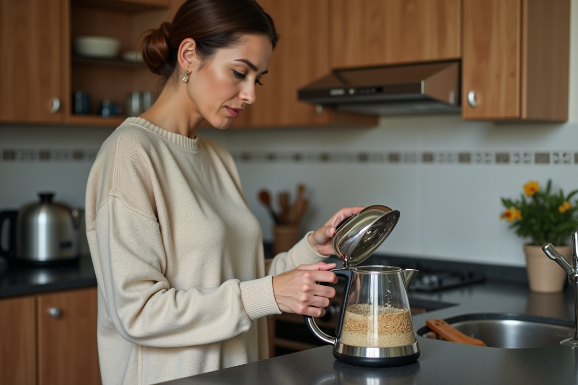 Femme examinant le calcaire dans une bouilloire électrique