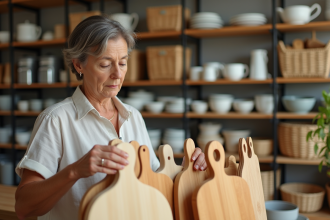 Femme examinant des planches en cuisine moderne