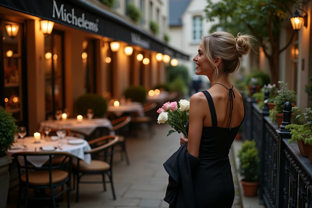 Femme chic souriant sur une terrasse de Lille