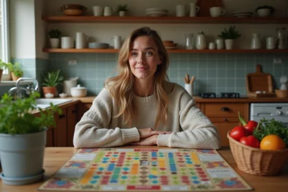 Jeune femme en cuisine jouant à un jeu de société
