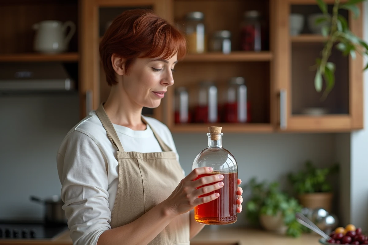 Femme lisant l'étiquette d'une bouteille d'alcool 90 degrés pour fruits dans une cuisine avec d'autres types d'alcool en arrière-plan
