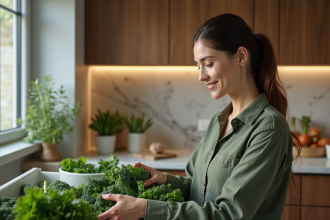 Femme arrangeant des légumes verts frais dans le frigo