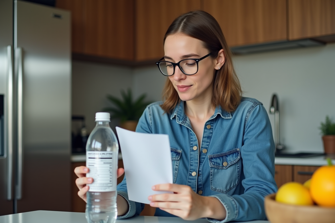 Jeune femme lisant une étiquette d'eau gazeuse dans la cuisine