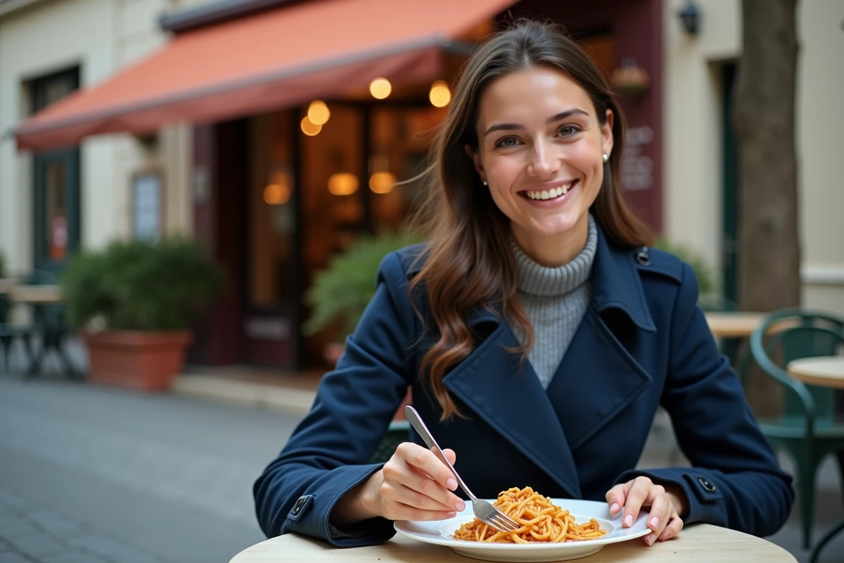 Jeune femme dégustant des spaghetti en terrasse parisienne