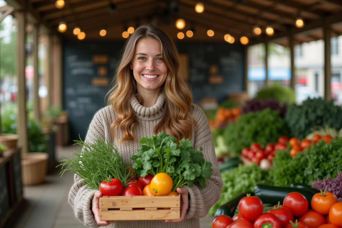 Femme souriante avec panier de légumes bio au marché