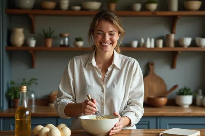 Femme préparant mayonnaise maison dans la cuisine rustique