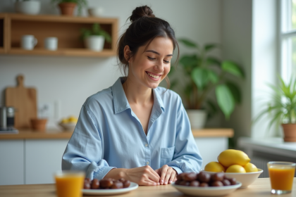 Femme méditerranéenne dégustant des fruits et tisane dans une cuisine lumineuse