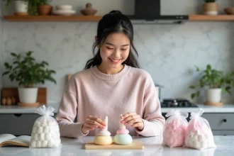 Jeune femme arrangeant des meringues en forme de licorne dans des sachets