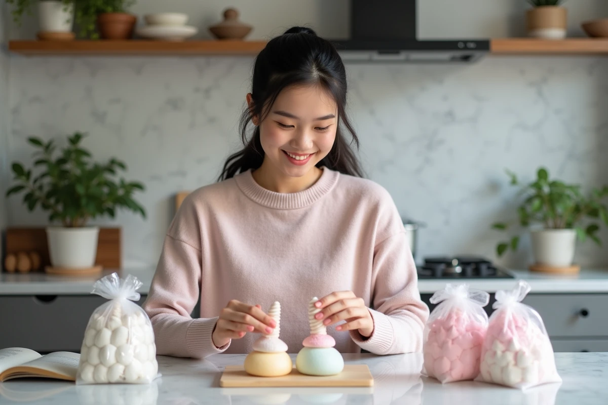 Jeune femme arrangeant des meringues en forme de licorne dans des sachets