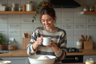 Femme souriante mesurant la farine dans une cuisine chaleureuse