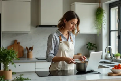 Femme utilisant un minuteur cuisson en ligne sur laptop dans une cuisine moderne avec plan de travail en marbre