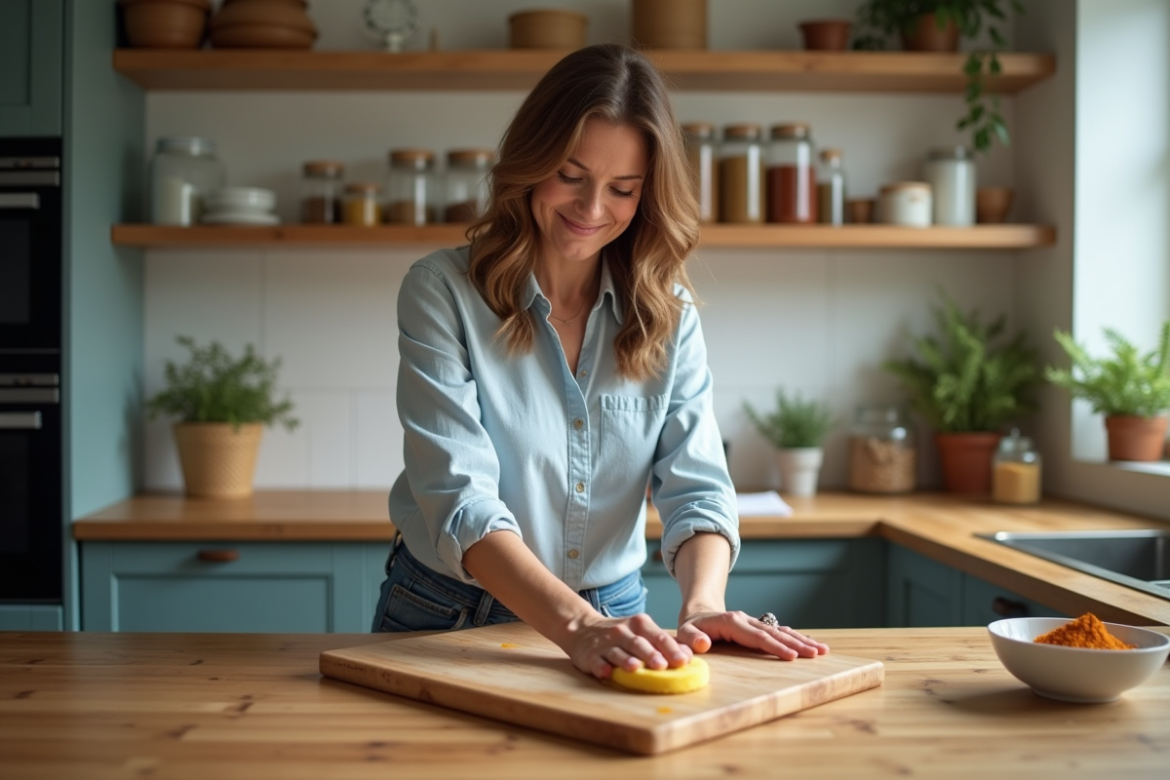 Femme nettoyant une planche en bois dans la cuisine