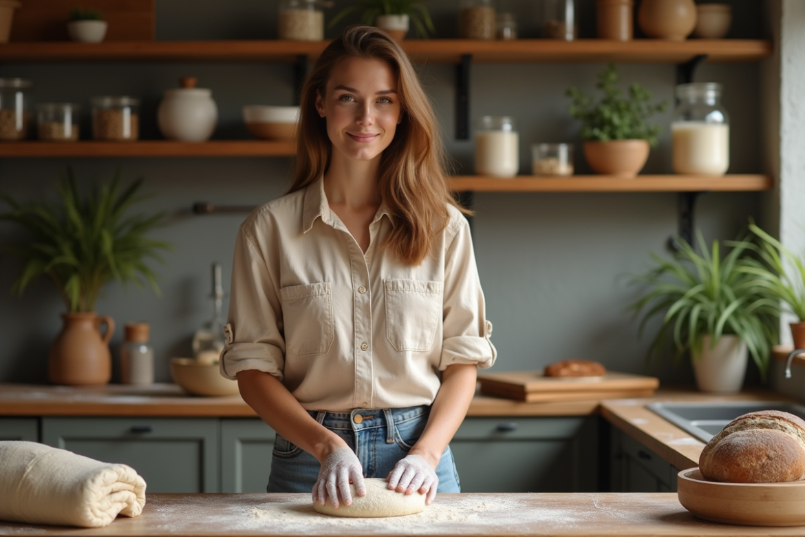 Jeune femme pétrissant du pain artisanal dans la cuisine