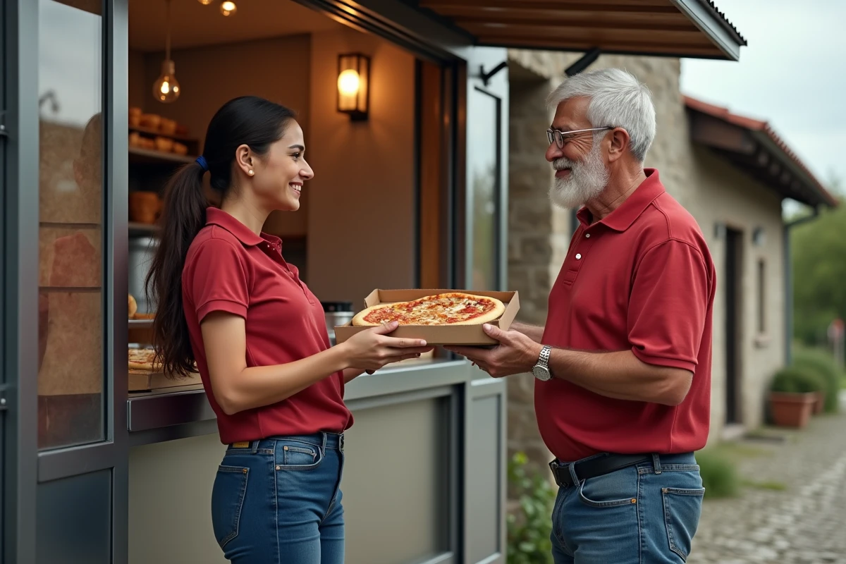 Jeune femme offrant une pizza à un client dans une place rurale