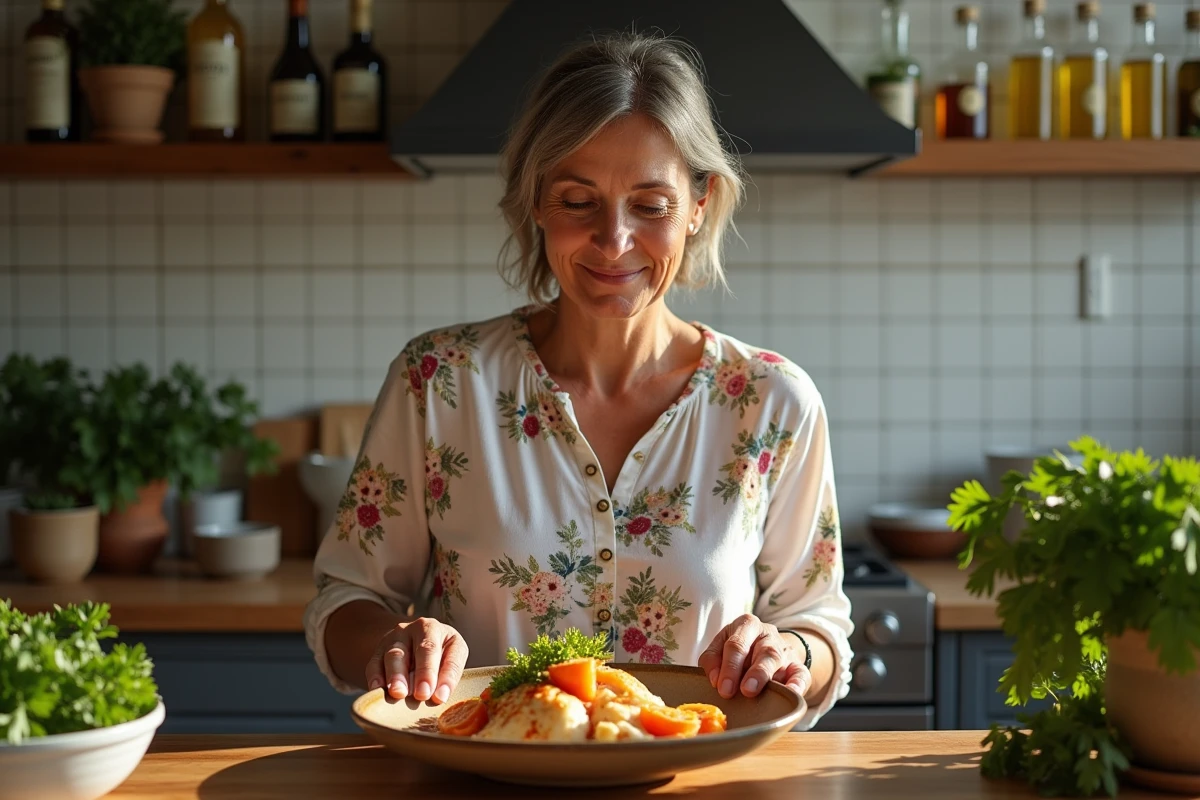 Femme portugaise en cuisine préparant bacalhau à brás
