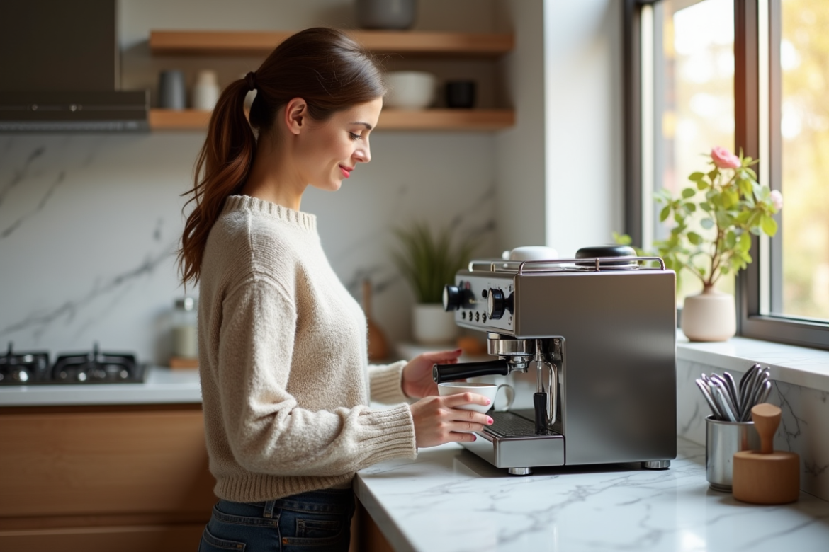 Femme en cuisine préparant un espresso avec machine moderne