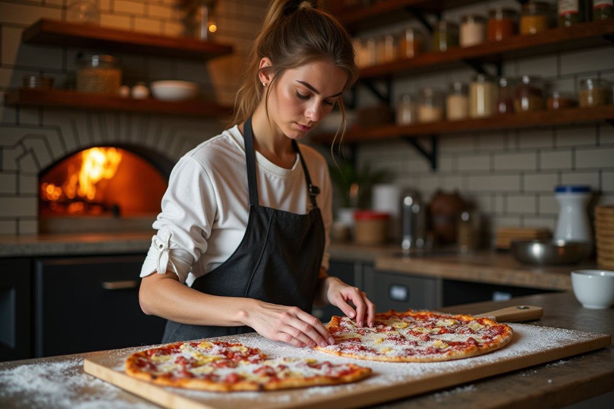 Jeune femme saupoudrant de semoule sur une pelle à pizza