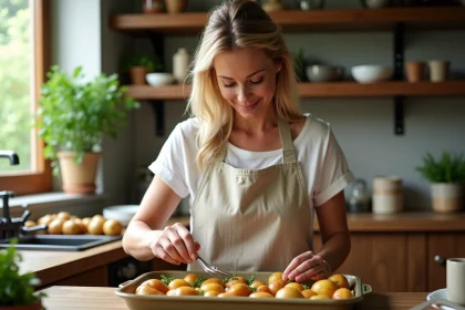 Femme en tablier garnissant des pommes de terre rôties