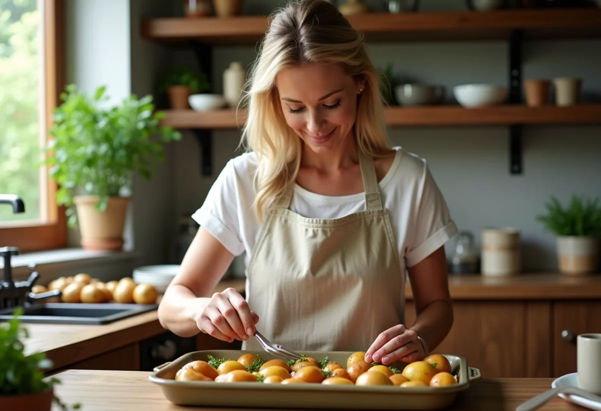 Femme en tablier garnissant des pommes de terre rôties