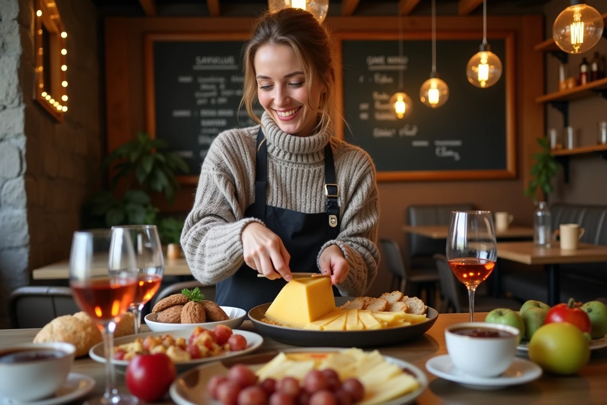 Femme arrangeant des fromages et charcuterie pour raclette