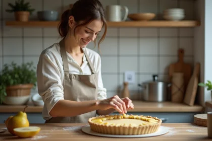 Jeune femme arrangeant des tranches de poire sur une tarte