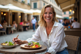 Femme souriante dégustant un plat local en plein air