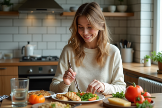 Jeune femme prépare un repas équilibré dans la cuisine