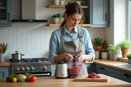 Femme utilisant un robot culinaire moderne dans une cuisine contemporaine