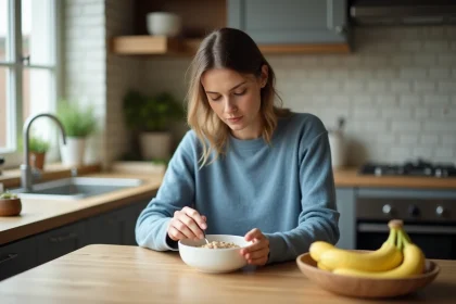 Femme en pull bleu coupeur de banane dans la cuisine