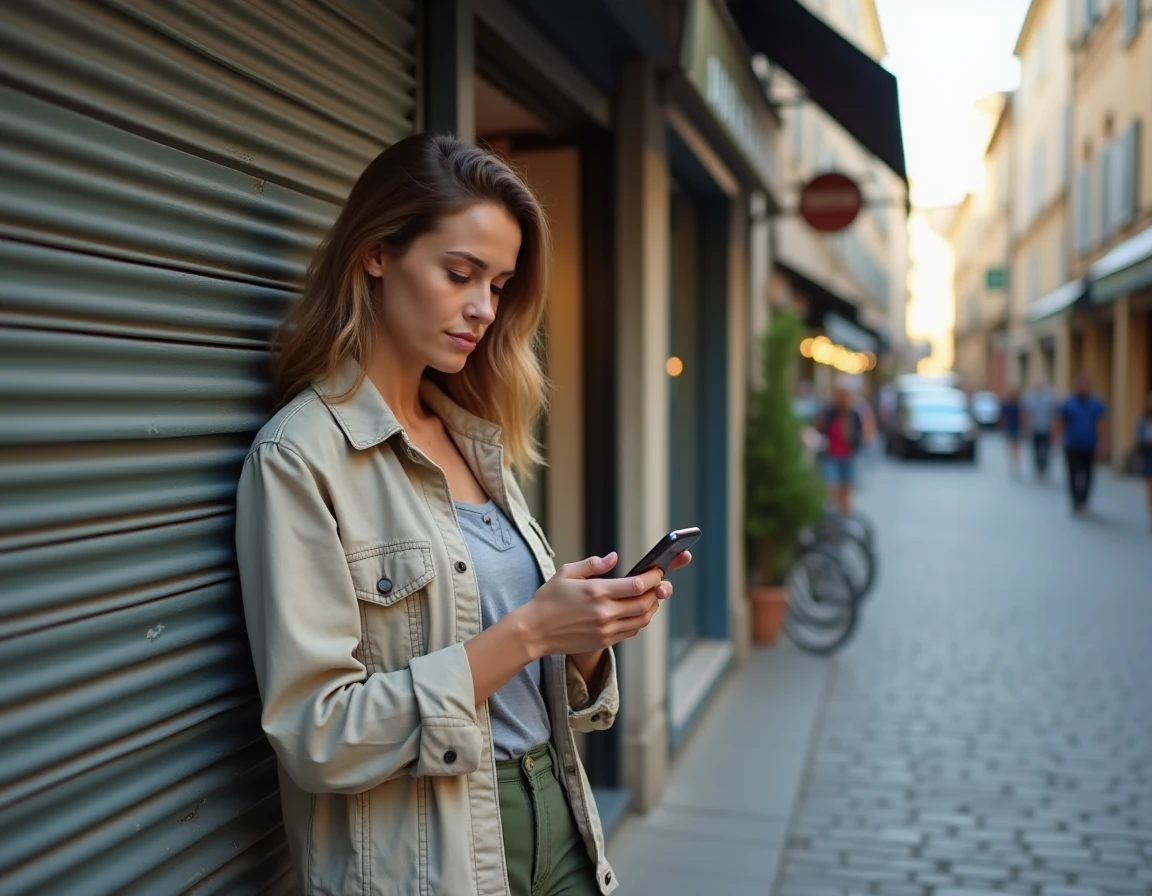Femme consultant son smartphone devant une boucherie fermée pour trouver une boucherie ouverte à proximité