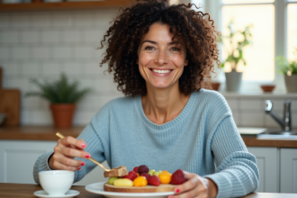 Femme souriante avec petit déjeuner fruits et pain complet
